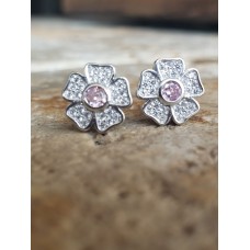Cercei Argint Floare cu Cristal Roz